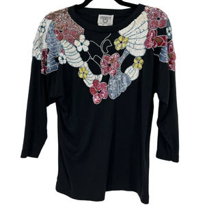 Cervelle Black with Floral Sequined and Hand Beading Top Size Small
